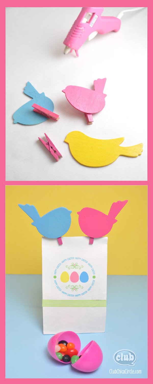 Colored Wood Bird and Clothespin gift bag craft idea