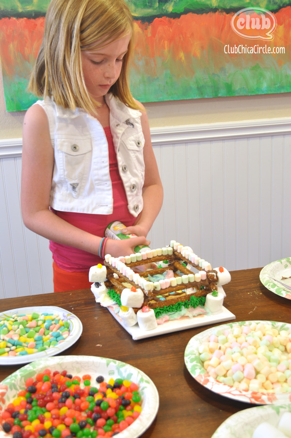 Tween girl making Peeps Candy House