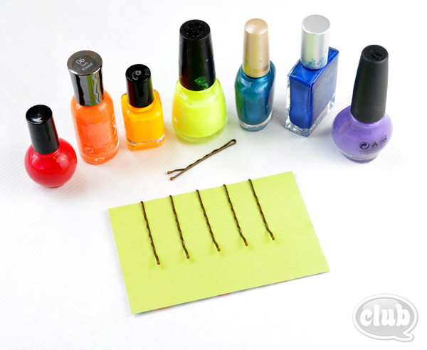 rainbow Nail polish and bobby pins setup