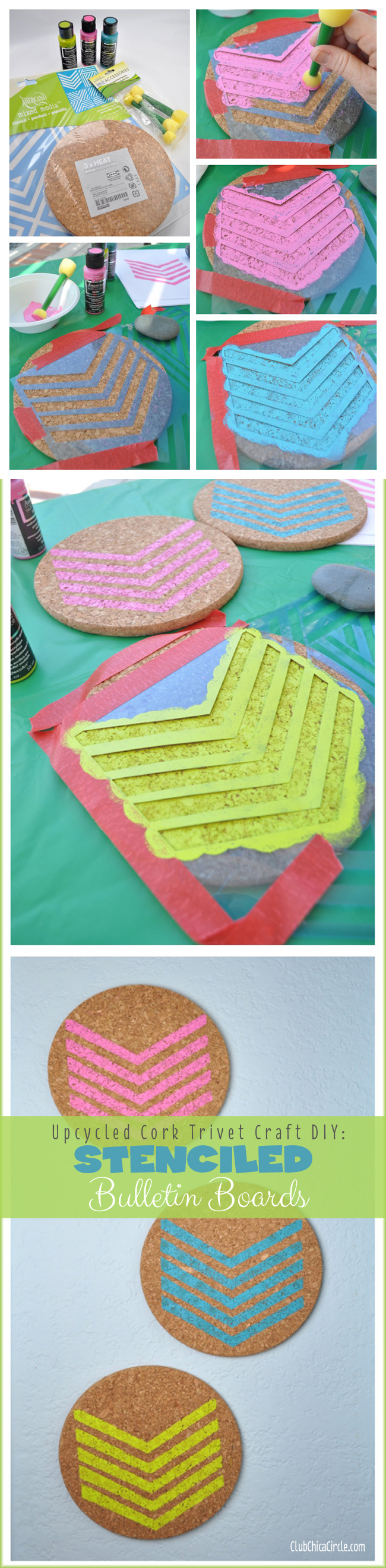 Upcycle Craft DIY- Cork Trivets into Stenciled Bulletin Boards @clubchicacircle
