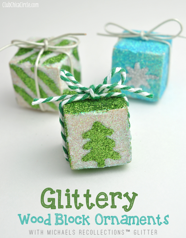 Glittery Wood Block Ornaments Holiday Craft Idea with Michaels Recollections
