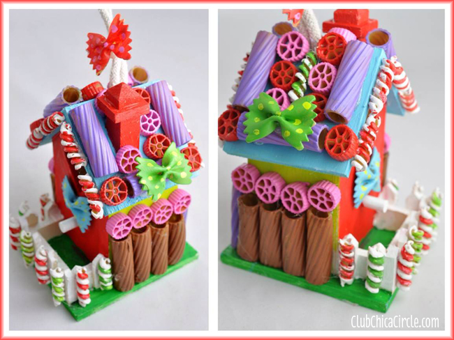 Painted Pasta Gingerbread Holiday Birdhouses Tween Craft Idea @clubchicacircle