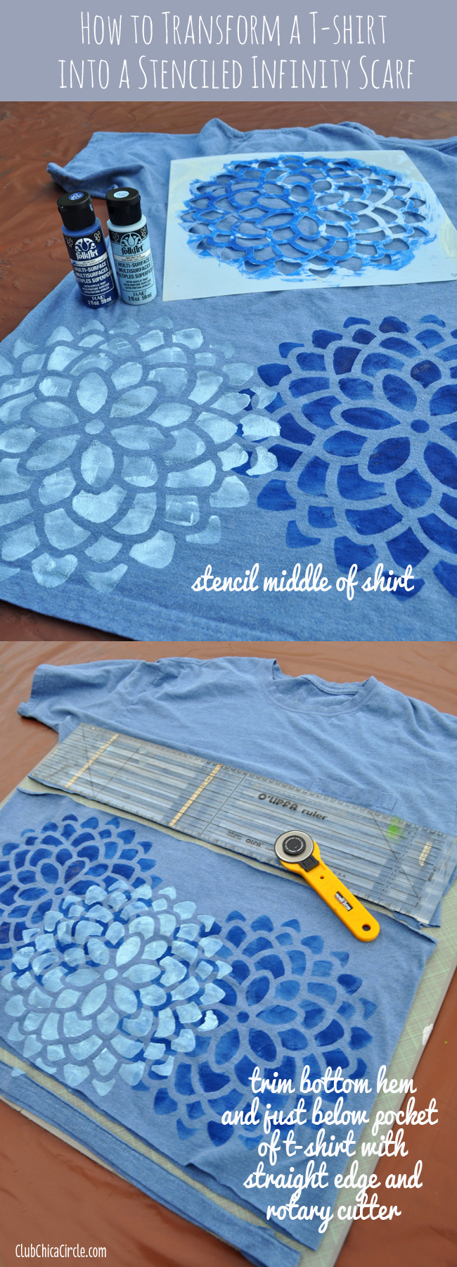 Stenciled Upcycled Tshirt Infinity Scarf DIY