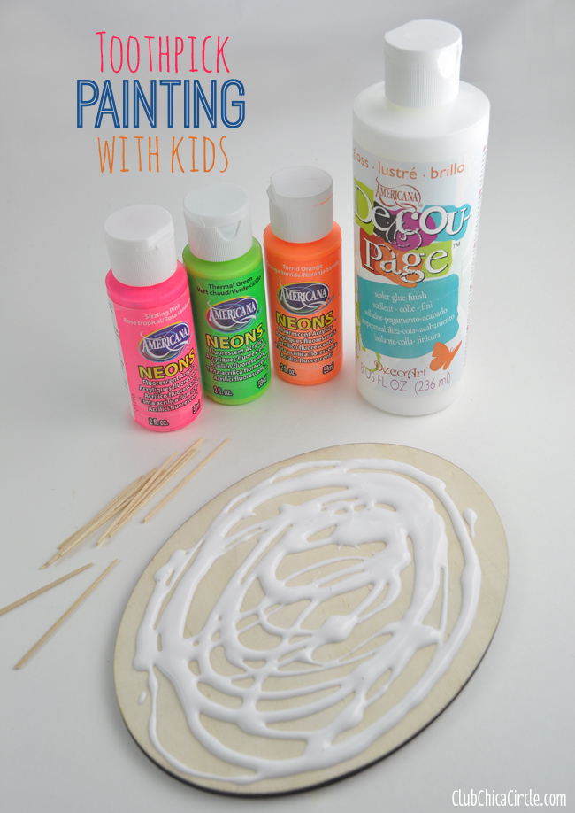 Toothpick painting with kids decoupage and paint supplies