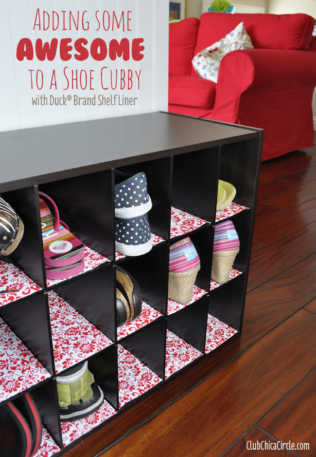 Shoe cubby lined with decorative flair from #DuckShelfLiner