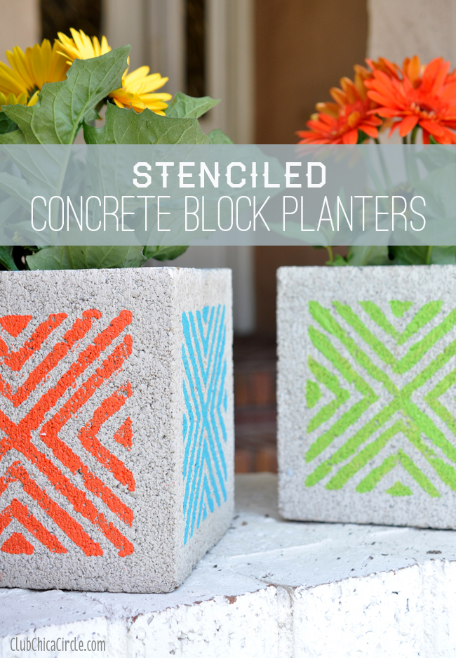 Stenciled Concrete Block Planters Craft idea