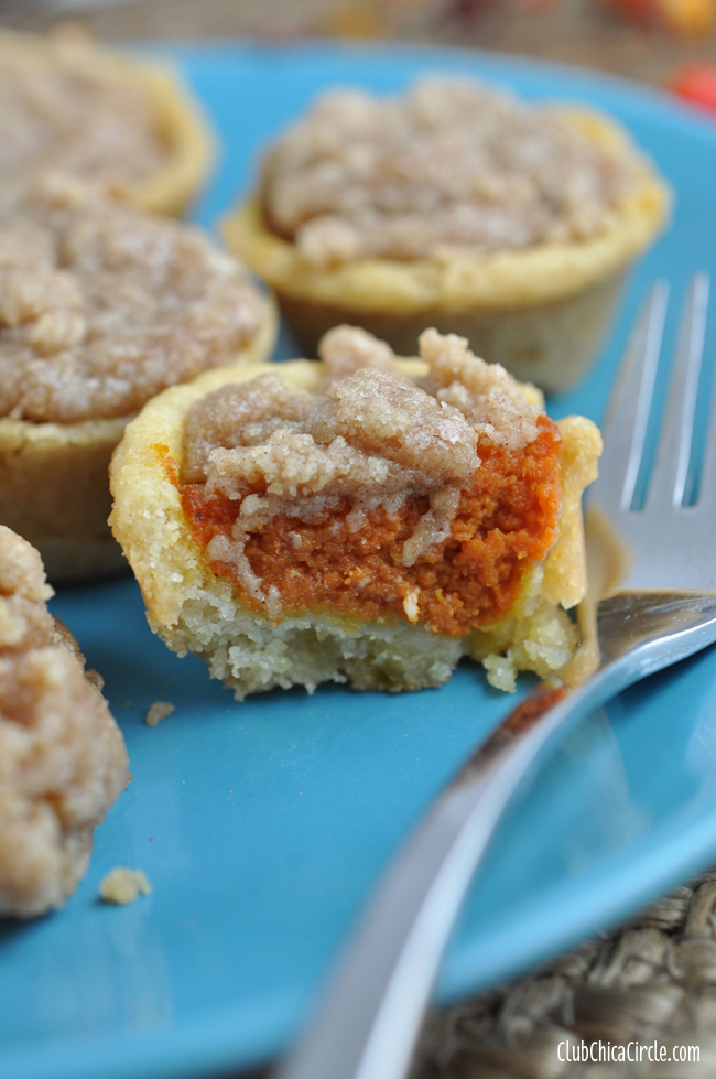 Mini Pumpkin Pies Recipe Idea with sugar cookie crust and cinnamon crumble