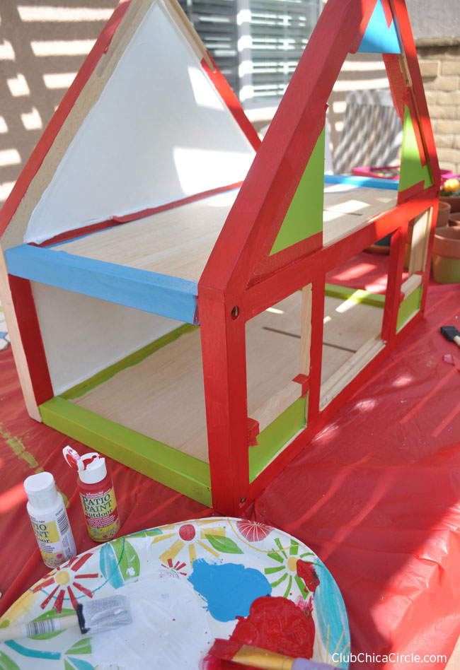 Upcycle Dollhouse Herb Garden in red, green, blue patio paint