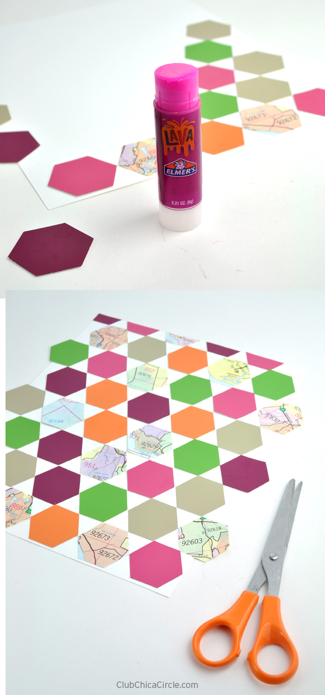 hexagon paper punch, paint chip and map upcycle project