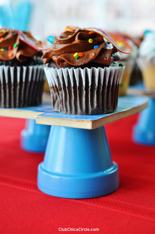 Chocolate cupcake on homemade stand for an easy party idea