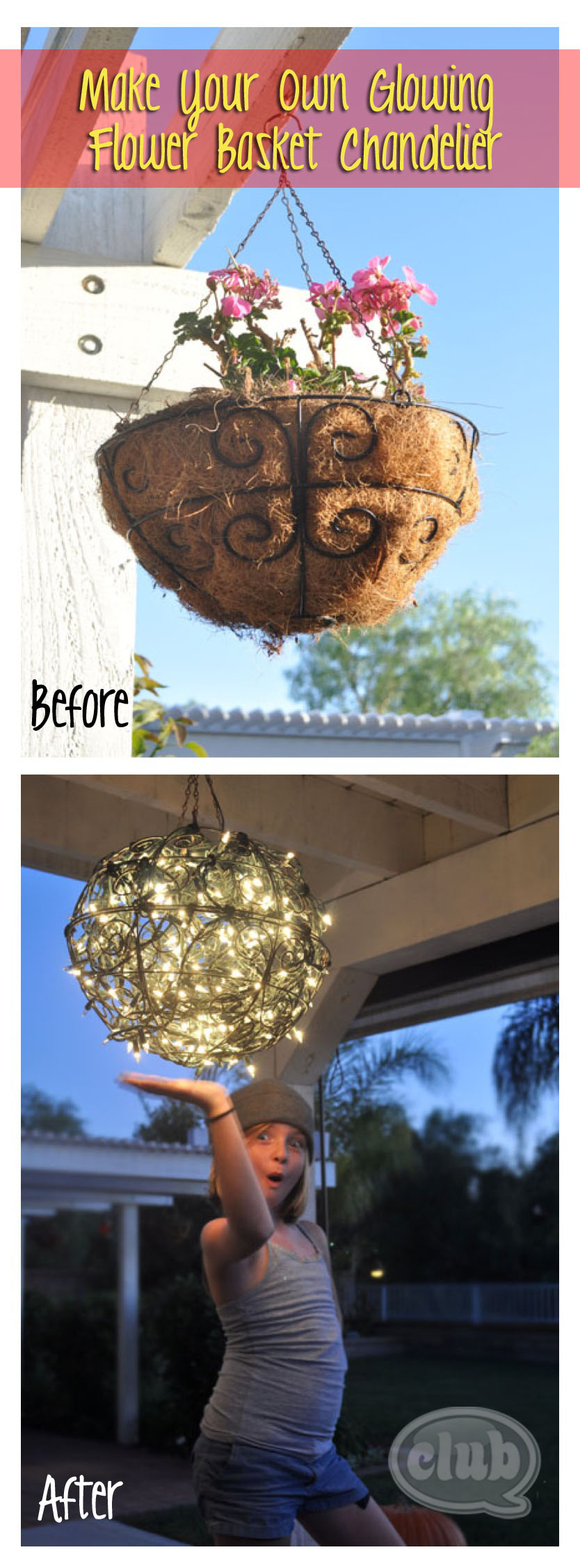 Repurpose Flower Baskets Into A Glowing Outdoor Chandelier