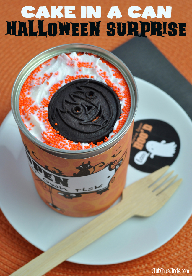 Halloween Surprise Cake in a Can Surprise with free printable