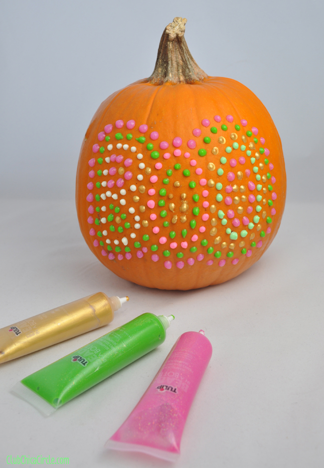 puffy paint polks-dot decorated pumpkin