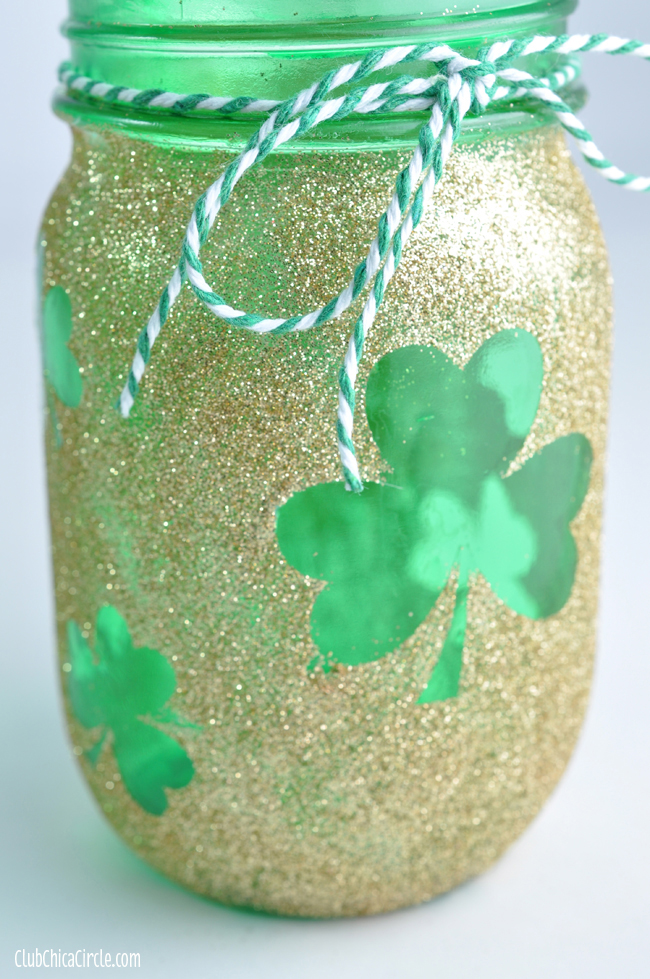 Glittery shamrock St. Patrick's Day mason jar craft idea