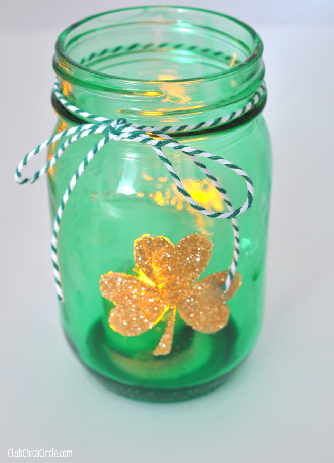 Glowing gold glittery shamrock tinted mason jar