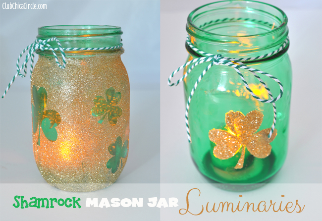 Gold glitter shamrock mason jar luminaries diy