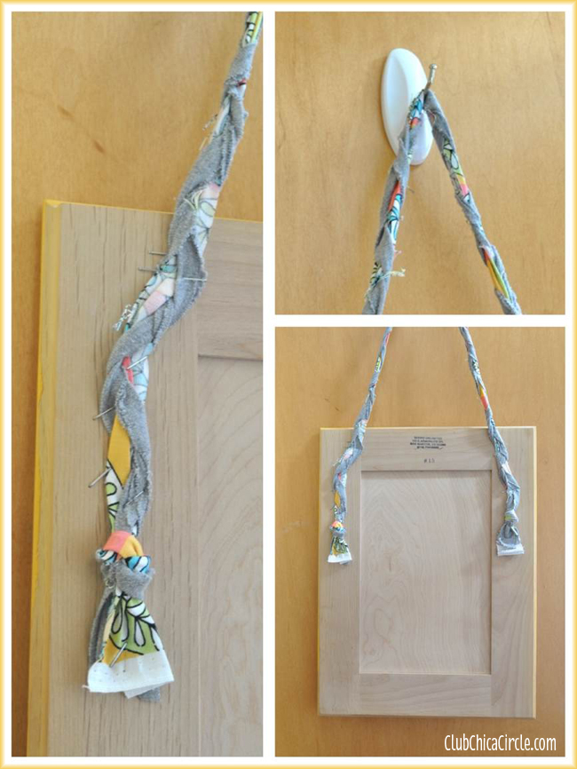 Hanging an upcycled cabinet door with fabric braid