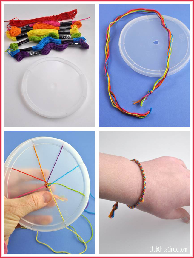 Rainbow friendship bracelet with homemade weaving wheel