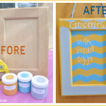 Upcycled Cabinet Door Chalk Memo Board before and after