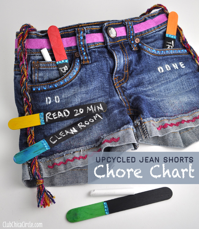 Denim Jean Shorts Upcycled into Chore Chart for Tweens