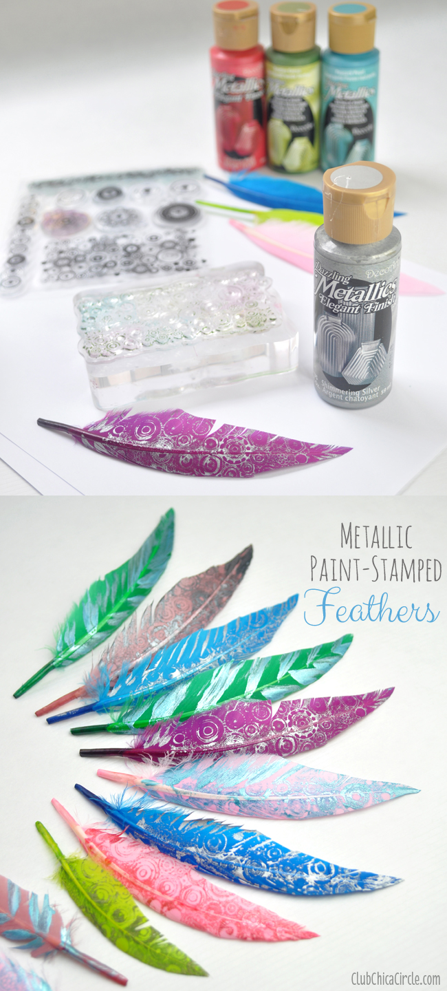 Metallic Paint-Stamped Feather Decorations