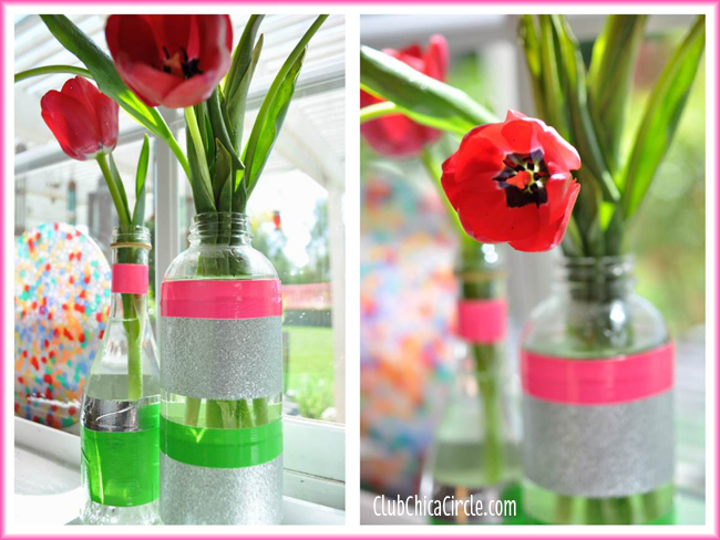 Pretty Spring Bud Vases with Recycled Bottles and Duck Tape