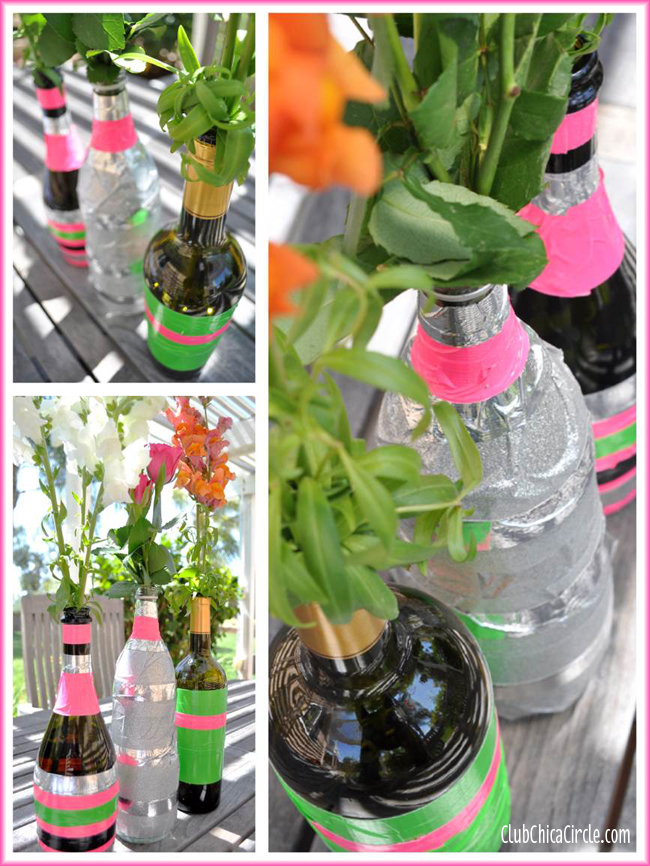 Upcycled Wine Bottle Spring Bud Vases Craft with Duck Tape