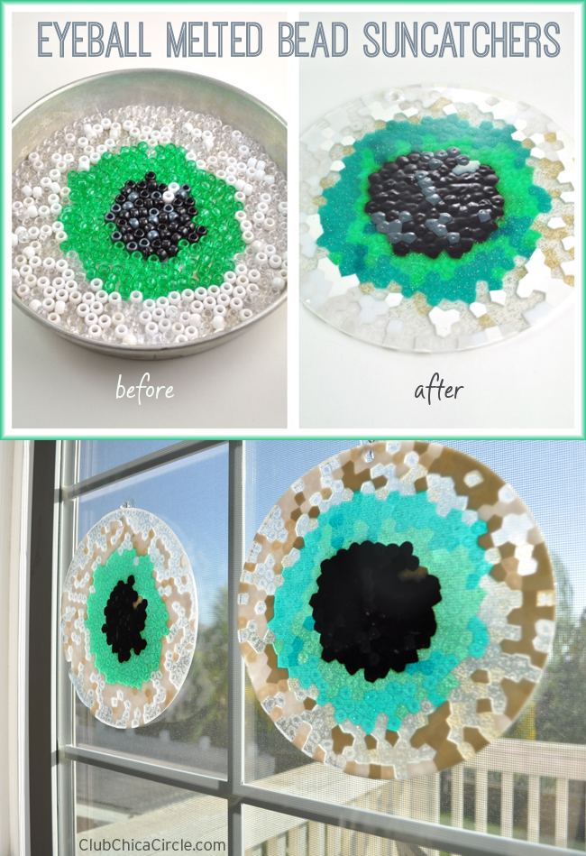 Eyeball melted bead suncatchers before and after
