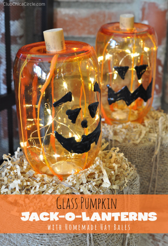 Glass Pumpkin Jack-o-Lanterns on Homemade Hay Bales | Club Chica Circle ...