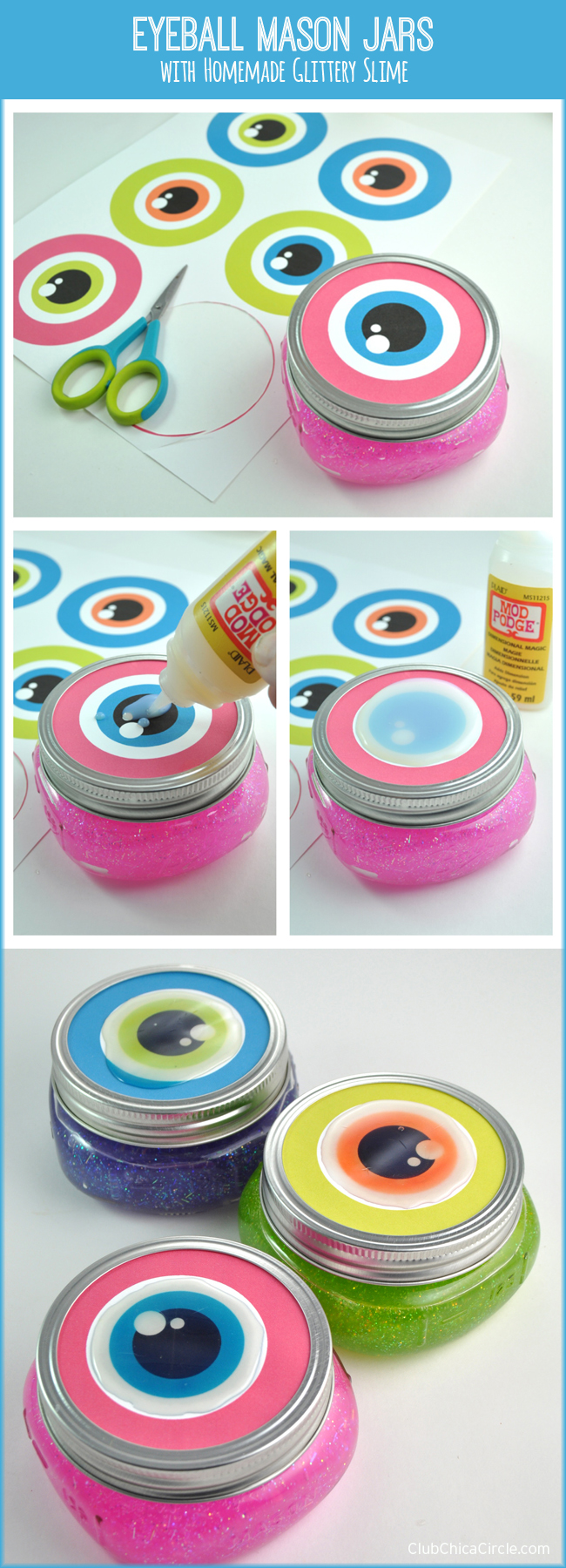 Eyeball Mason Jars Craft Idea with Homemade Glitter Slime
