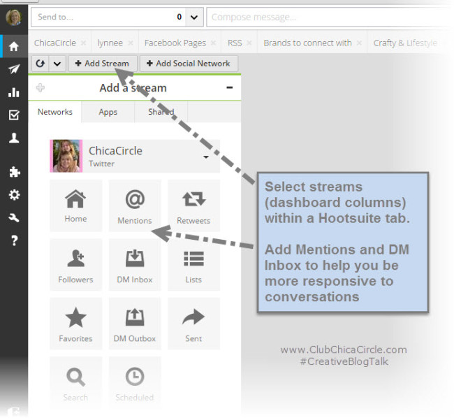 Adding Streams to Hootsuite to keep the conversation current - #CreativeBlogTalk