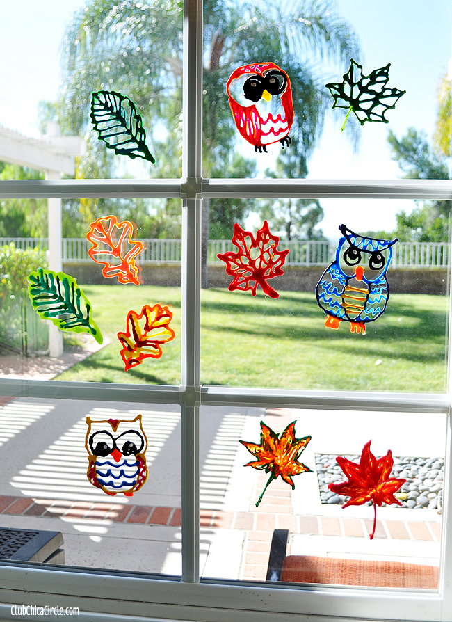 Fall Leaf and Owl Puffy Paint Window Decorations DIY