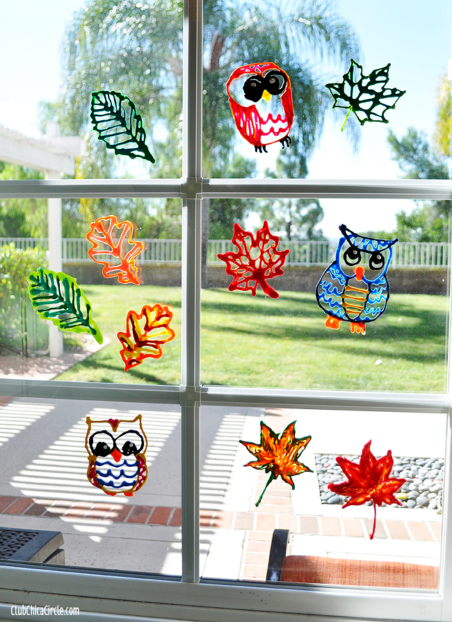 Fall Leaf and Owl Puffy Paint Window Decorations