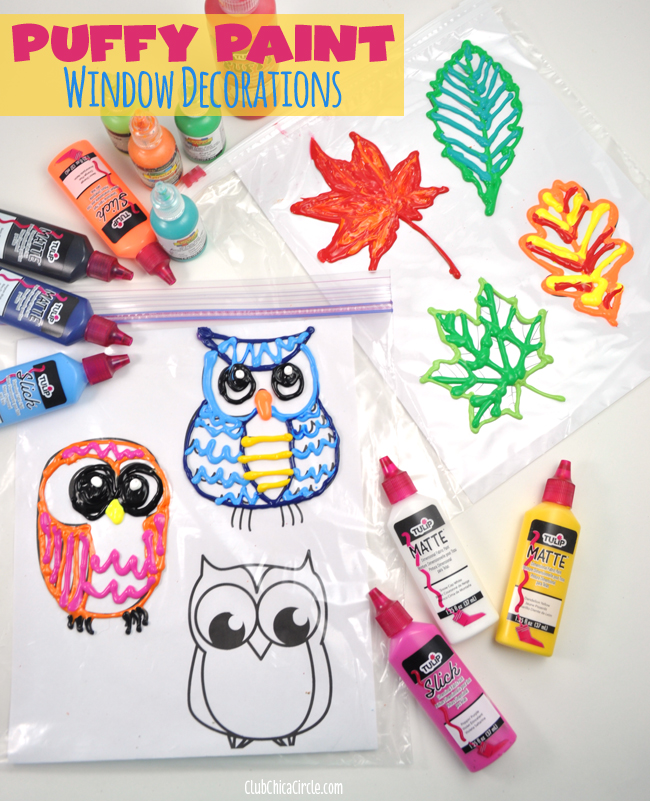 Fall Leaf and Owl Puffy Paint Window Decorations