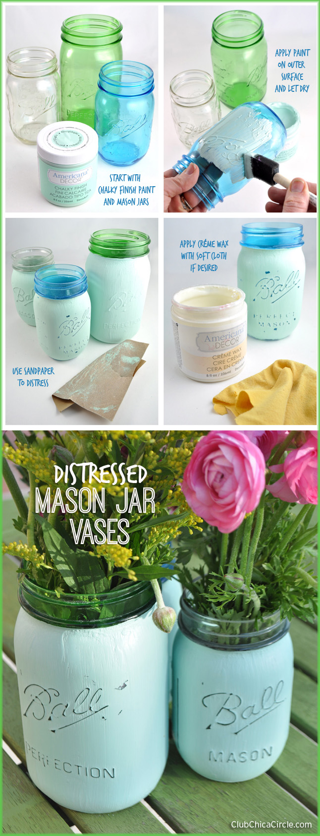 Easy Chalky Finish Distressed Mason Jar Vases @clubchicacircle