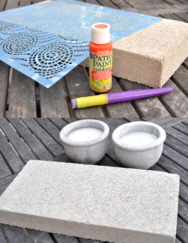concrete block and patio paint transformed into outdoor candle decor