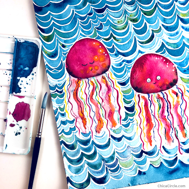 Watercolor undersea illustration with jellyfish @chicacircle